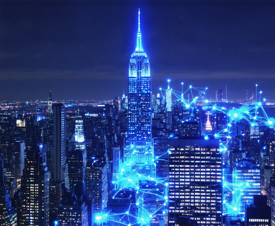 Вид на технологичный Нью-Йорк ночью с неоновыми огнями