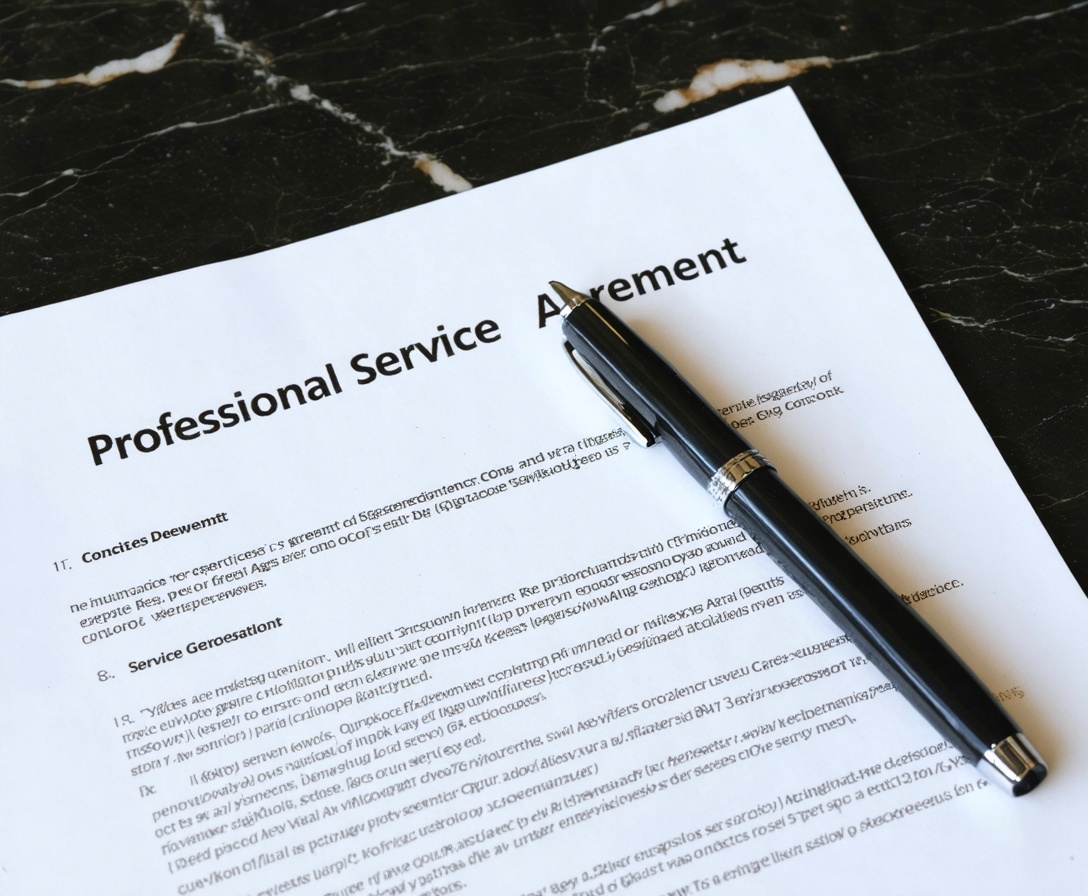 Профессиональный сервисный контракт с ручкой на столе в офисе