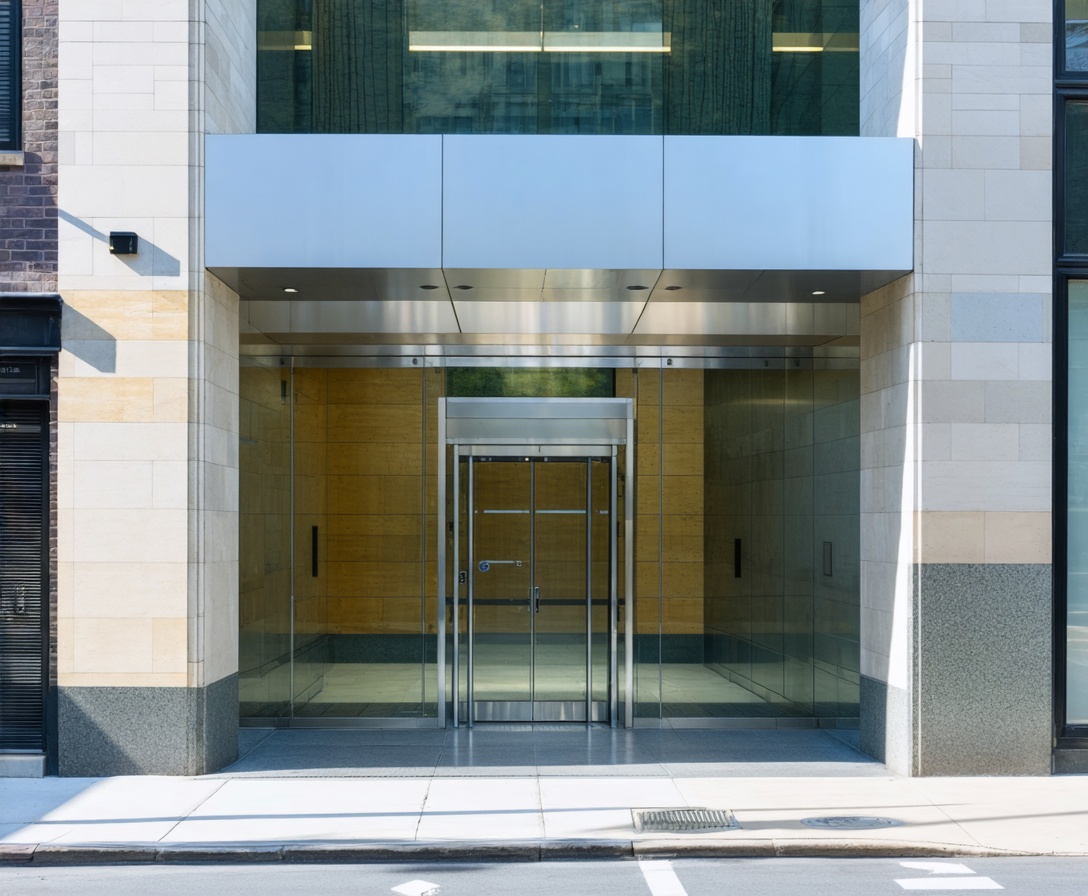 Современный фасад офисного здания AI Skills Hub в Мидтауне Нью-Йорка