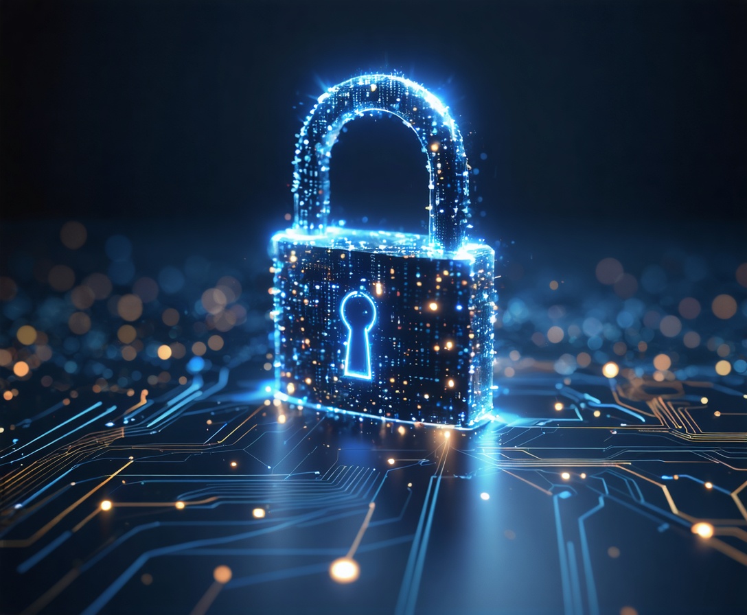 Абстрактный концепт кибербезопасности с сияющим замком из цифровых частиц