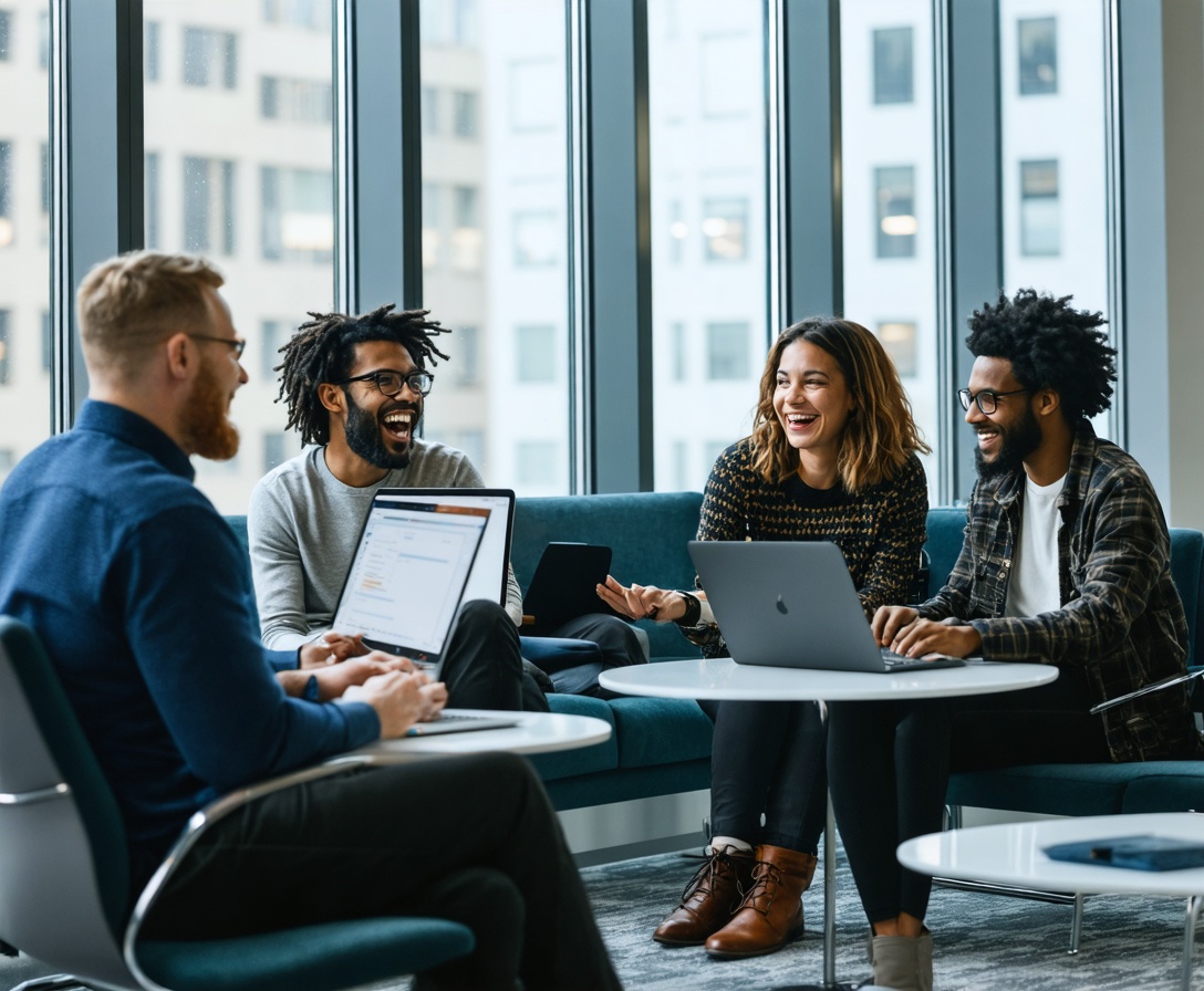 Профессиональная команда консультантов AI Skills Hub обсуждает стратегию в офисе на фоне Нью-Йорка