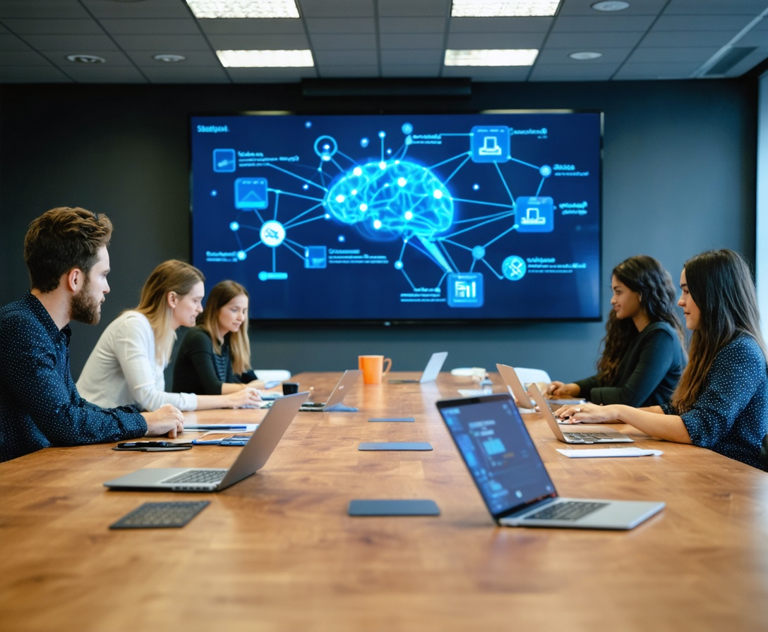 Предприниматели на воркшопе по ИИ в современном классе AI Skills Hub в Манхэттене